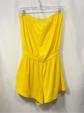 Vintage Granada Bright Yellow Strapless Terry Cloth Romper Shorts with Pockets